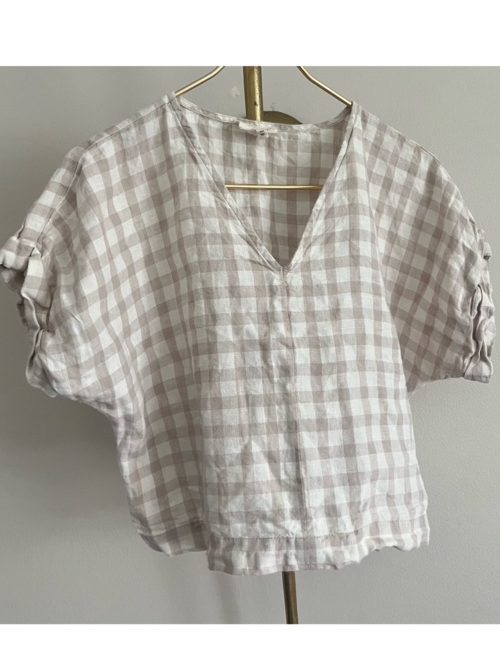 Lou & Grey Plaid 100% Linen MP V-Neck Blouse minimalist casual top